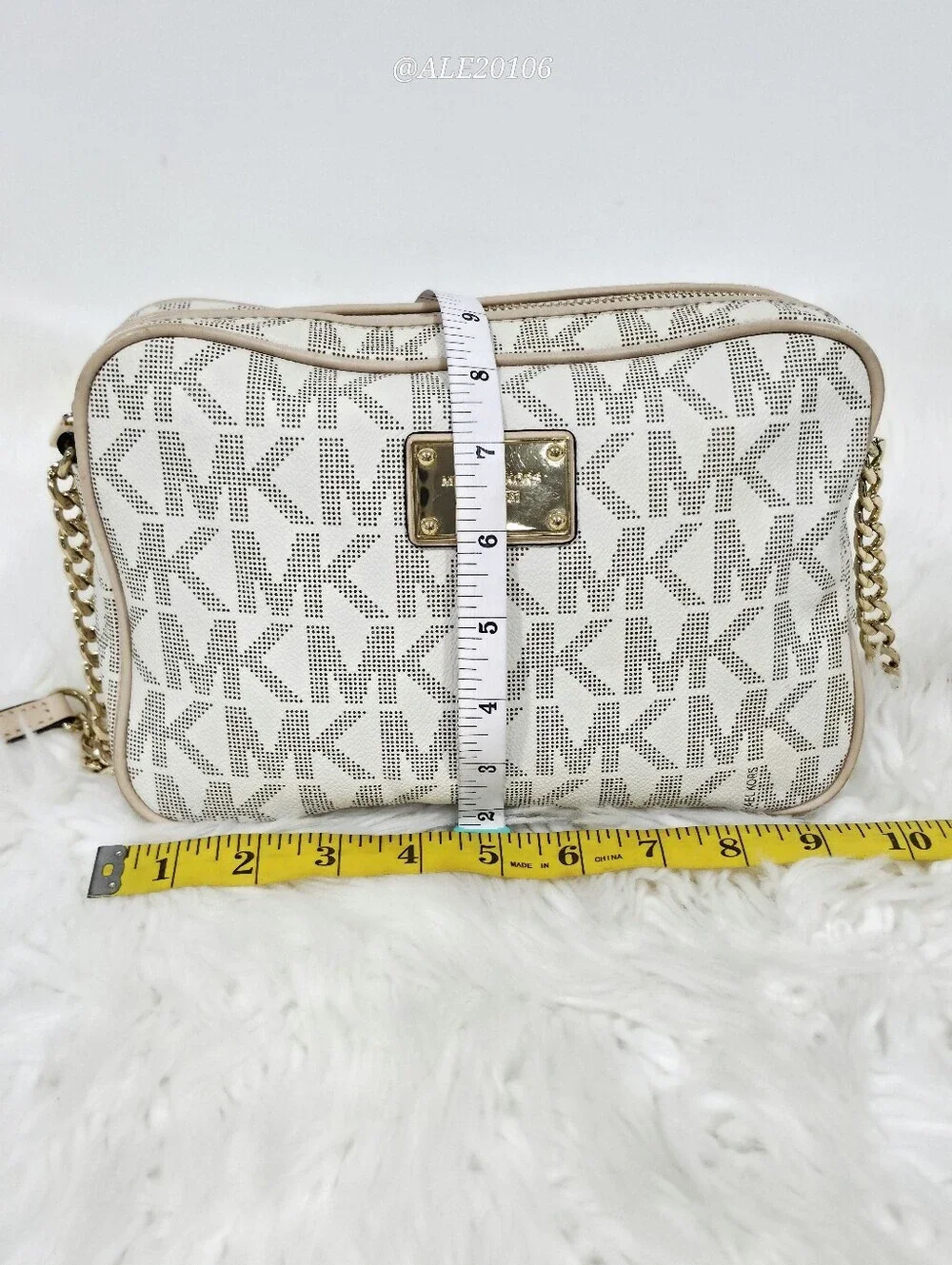 Michael Kors Beige Cream MK Monogram Crossbody Bag Gold Chain Purse
